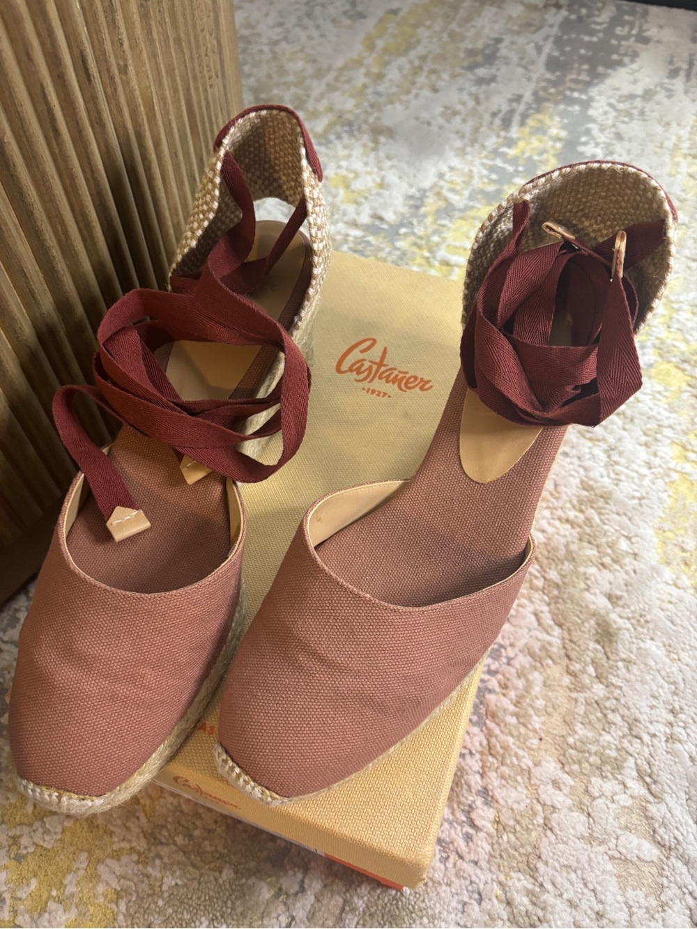 NIB Castañer Carina 6 Wedge Espadrilles Marsala Pink Canvas Ankle Tie Shoes 10
